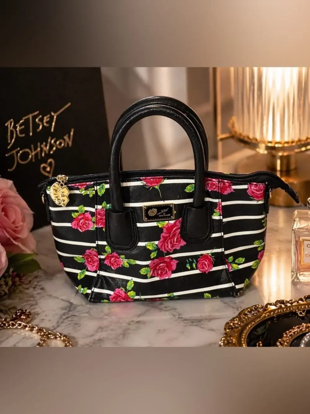 Betsey Johnson Floral Stripe Satchel Black Pink Rose Mini Handbag Y2K